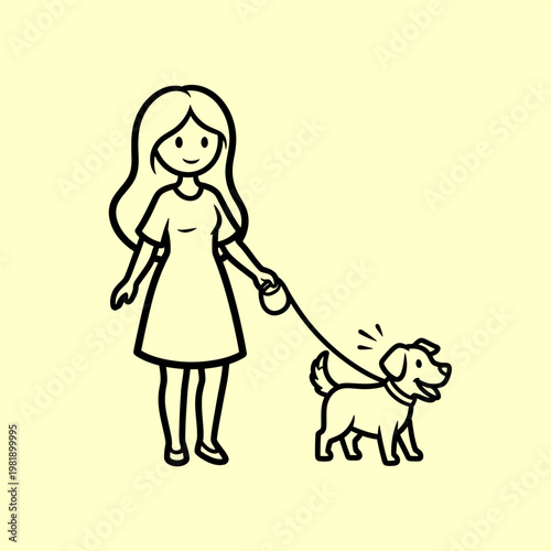 A happy cartoon woman walking her dog on a leash in a park with a light yellow background, representing companionship and outdoor activities