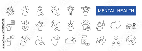 Mental health icon set. Containing mental illness, psychological, awareness, and more icons. Psychology solid symbol vector illustration.