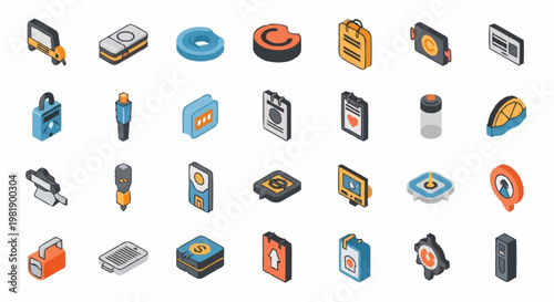 Collection of isometric icons representing various technology and digital elements for modern design.
