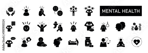 Mental health icon set. Containing mental illness, psychological, awareness, and more icons. Psychology solid symbol vector illustration.