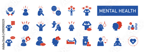 Mental health icon set. Containing mental illness, psychological, awareness, and more icons. Psychology solid symbol vector illustration.