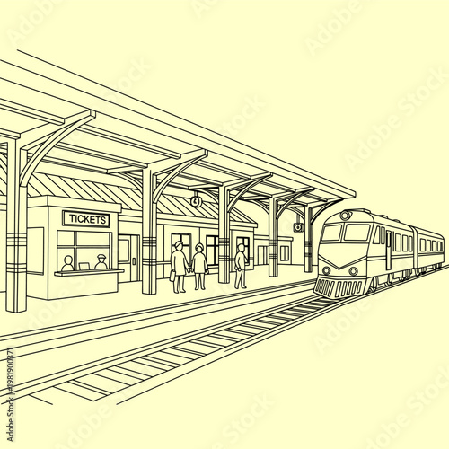 Line art of a train station platform, featuring a passenger train, travelers, and ticket booth, embodying the concept of urban transport and connecting journeys