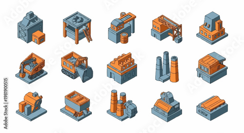 Collection of isometric industrial factory buildings and machinery icons, representing manufacturing and production.