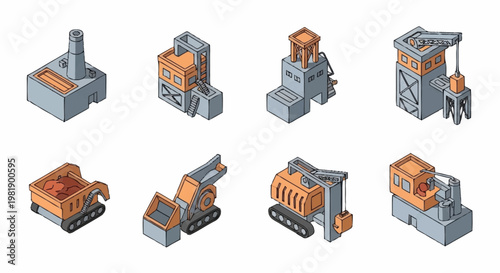 Isometric industrial factory buildings and construction machinery icons set.