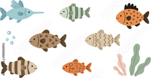 Cute aquatic fish character set with colorful patterned sea life