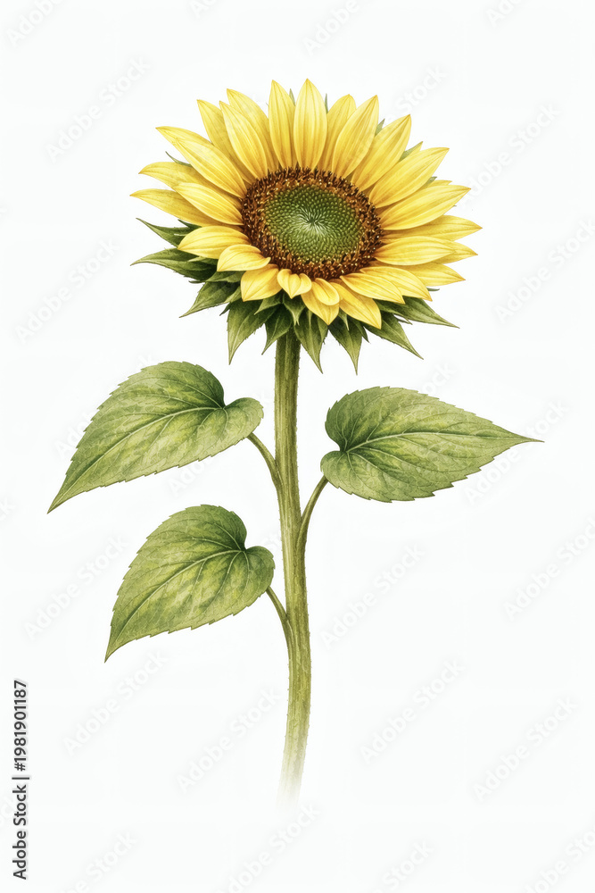 Fototapeta premium Sunflower Botanical Illustration, Honey Bee Plant Floral Design Isolated on White Background