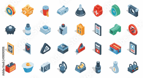 A collection of isometric icons representing various objects and symbols, useful for digital design and interfaces.