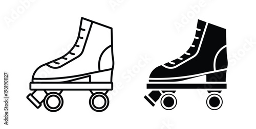 Roller skates icon in black and white color. Solid and linear icons