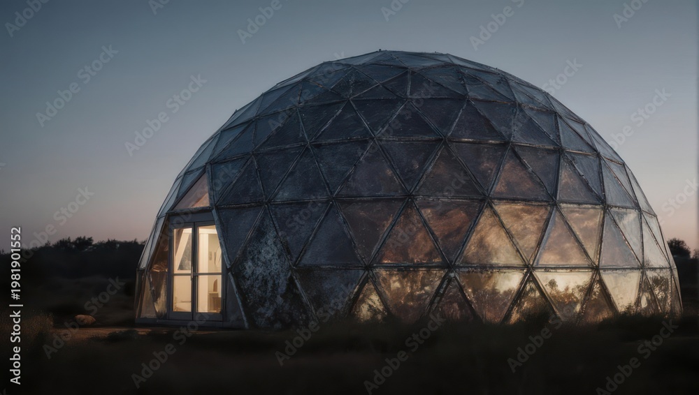 Fototapeta premium Geodesic Dome Structure Illuminated at Dusk - Modern Architecture.
