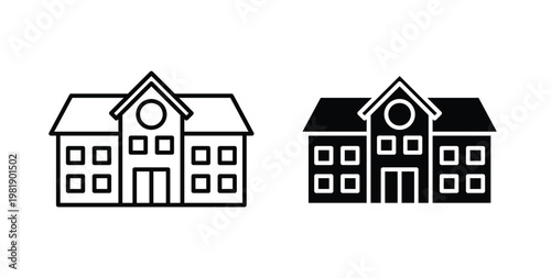school icon in black and white color. Solid and linear icons