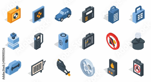 Isometric icons representing various energy sources, power, and fuel types for technology and industry.