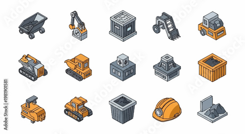 Isometric construction and industrial equipment icons set, including excavators, trucks, and safety helmets.