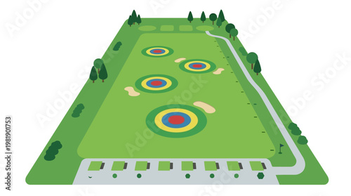 Golf Course Paradise: An overhead perspective of a meticulously designed golf course, featuring lush fairways, strategically placed bunkers, and vibrant target greens.