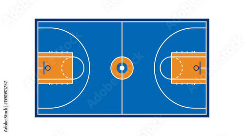 Basketball Court Illustration: A meticulously crafted illustration of a basketball court, meticulously representing the key elements for a game. The blue court with orange details.