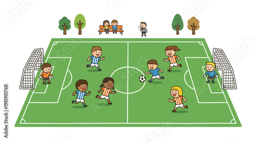Youth Soccer Game: A vibrant illustration captures the dynamic energy of a youth soccer match, showcasing children fully engaged in the spirit of the game.