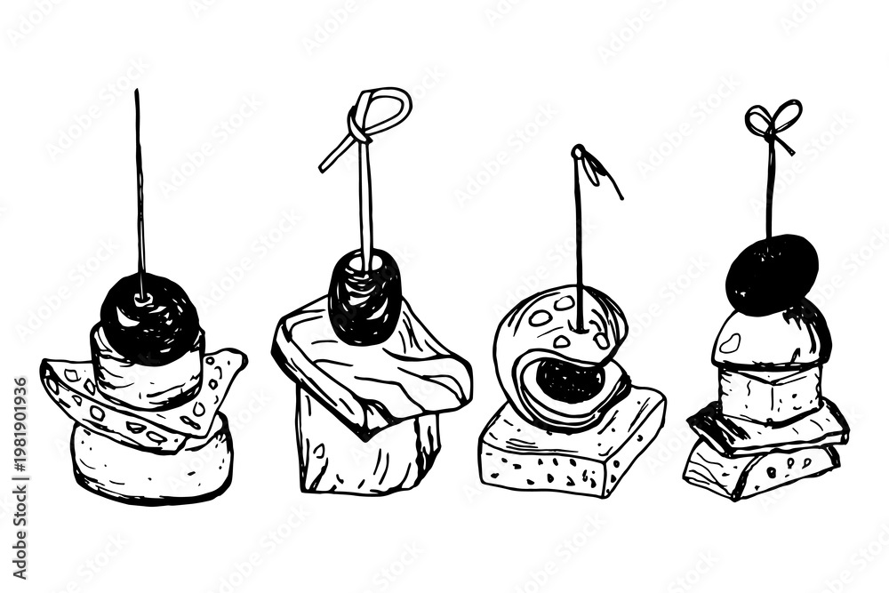 Φωτογραφία Canape set isolated Vector sketch, small sandwich strung on skewer