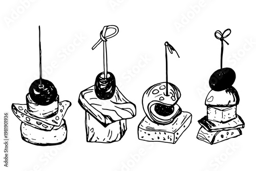 Canape set isolated Vector sketch, small sandwich strung on skewer. Snack for alcohol, appetizer. Black and white sketch on white background.