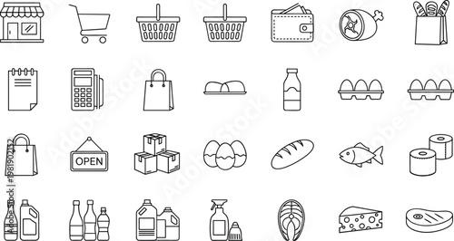Grocery Shopping and Food Outline Icon Set Featuring Store Basket, Wallet, Bread, Eggs, Fish, Dairy and Market Essentials