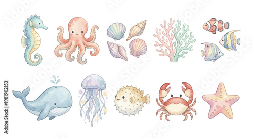 Watercolor Ocean Animal Clipart Set — 11 Cute Sea Creature & Marine Life Illustration