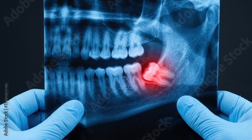 Dentist holding dental x-ray showing impacted wisdom tooth with red pain indicator