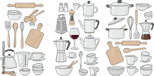 Hand Drawn Kitchen Utensils and Cookware Illustration Set Featuring Pots, Cups, Cutting Boards, Rolling Pins, Kettles and Baking Tools