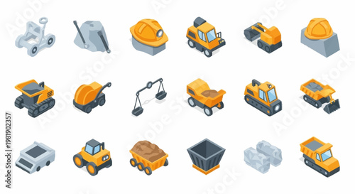 Collection of isometric construction and mining vehicles and equipment, isolated on white background.