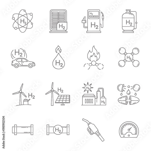 Hydrogen energy production and usage line icons