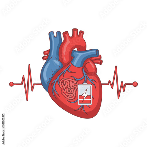 Human heart with pacemaker and ecg rhythm line