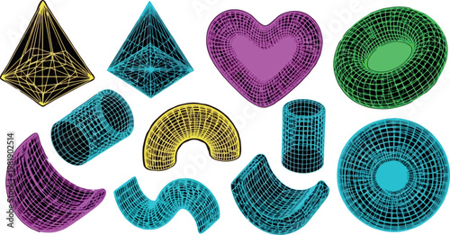 3D Geometric Wireframe Vector Set with Colorful Shapes, Including Pyramids, Cylinders, and Curves for Abstract, Digital Art, and Design Projects