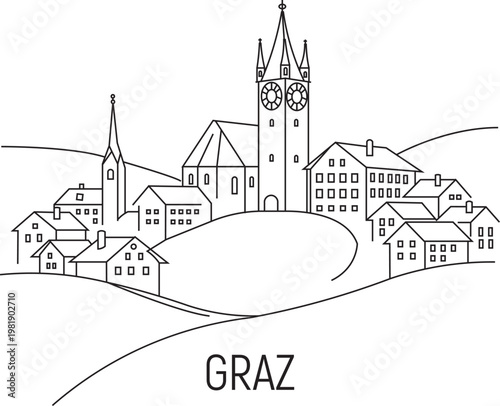 Graz city line draw simple minimalist. Simple line drawing shows Graz's historic center. Central clock tower stands tall above rooftops. Hills curve gently around clustered buildings.