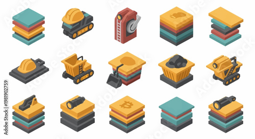 Isometric icons representing mining, construction, and cryptocurrency concepts with layered elements.