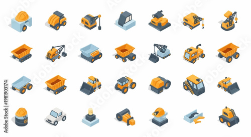 Collection of isometric construction vehicles and equipment, perfect for illustrating industrial projects and heavy machinery.