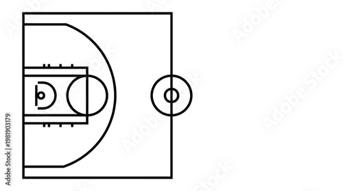 Basketball Court: A simple illustration of a basketball court, rendered in clean lines, offering a clear top-down view of the playing area, ready for game play