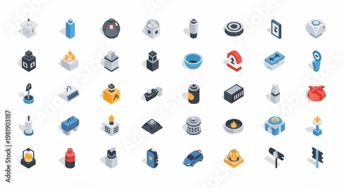 Collection of Isometric Icons Representing Various Objects and Concepts.