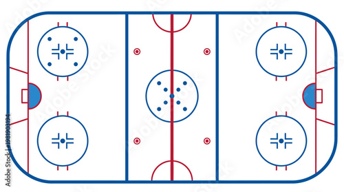 Hockey rink overview: A detailed overhead view of an ice hockey rink, showcasing its strategic layout with circles, lines, and goal areas, ready for the game.