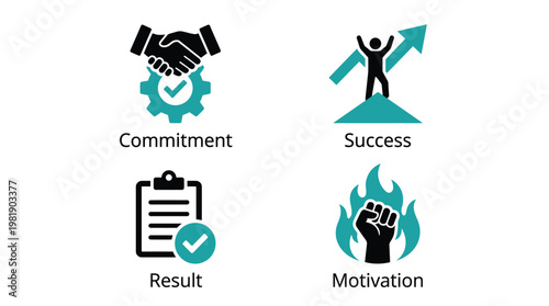 Icons representing commitment, success, result, and motivation Vector