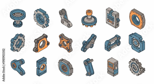 Collection of isometric mechanical parts and components, including gears, levers, and connectors, in a clean, modern style.