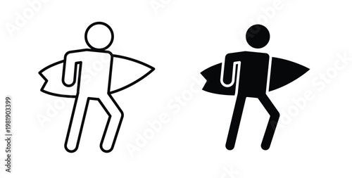 Surfer icon in black and white color. Solid and linear icons