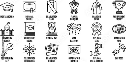 Student graduation and academic achievement line art icon set