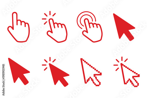 cursor icons set hand pointer click arrow vector collection. Computer mouse cursor and hand pointer icon collection for digital UI and web design projects in black and white vector style. EPS 10. 