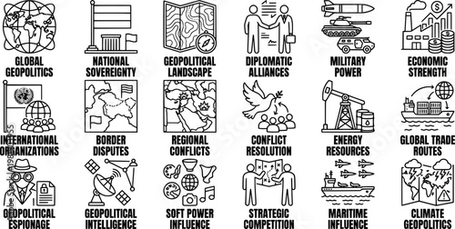 Geopolitics science and global political strategy line art icon set