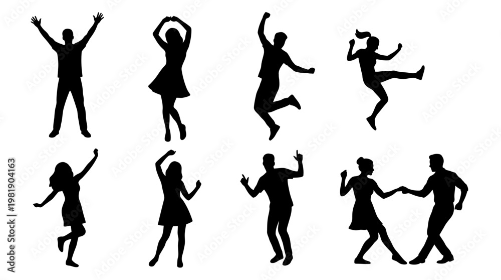 Fototapeta premium Silhouettes of people dancing and having fun.