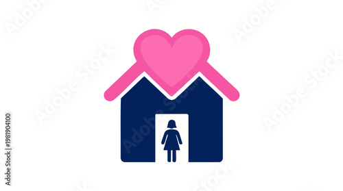 Stylized home icon with heart roof and woman symbol.