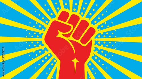 Raised fist with radiant sunburst background.