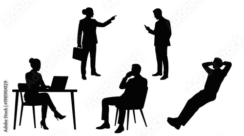 Silhouettes of business people in various office settings and poses.