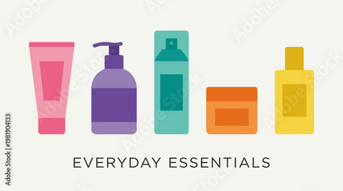Colorful icons of personal care products.