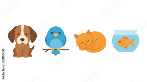 Cute pets icons set with dog, bird, cat and fish.