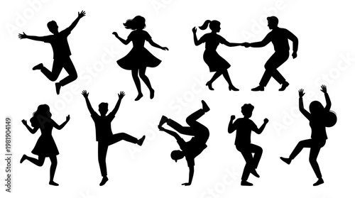 Silhouettes of people dancing and jumping.