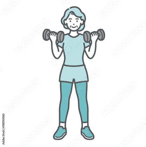 笑顔でダンベルトレーニングをするシニア女性のイラスト