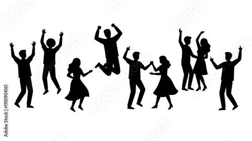 Silhouettes of people dancing and jumping.